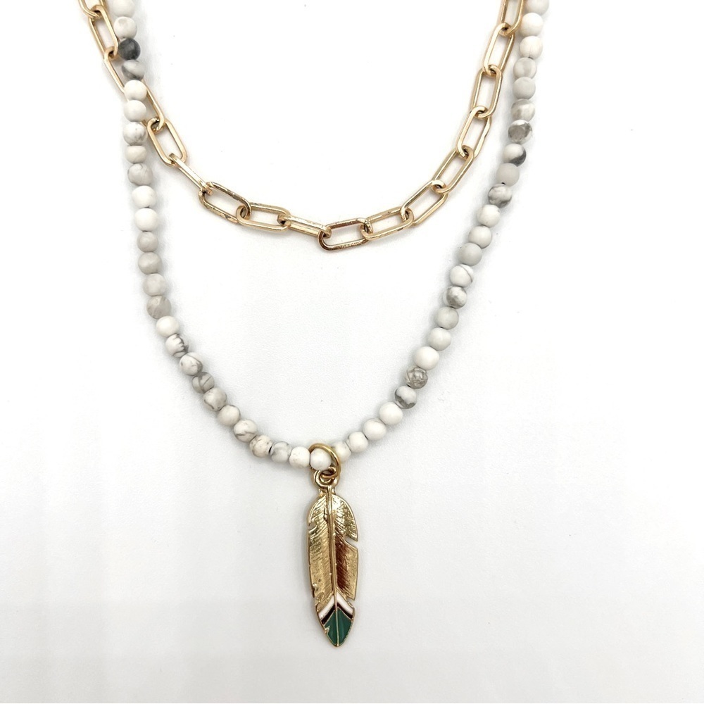 Howlite stone necklace and gold filled paperclip chain